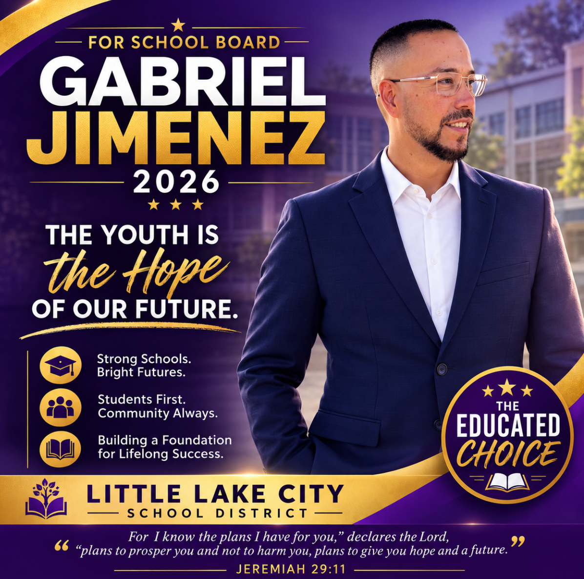 Gabriel Jimenez for School Board 2026 campaign graphic: The youth is the hope of our future